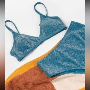 Turquoise Sparkle High-waisted swimsuit with wrap